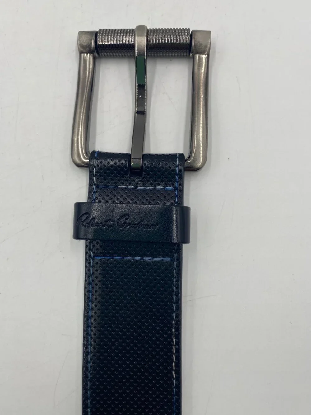 Robert Graham Genuine Leather Belt Size 32 Black with Blue Stitching Dress Golf